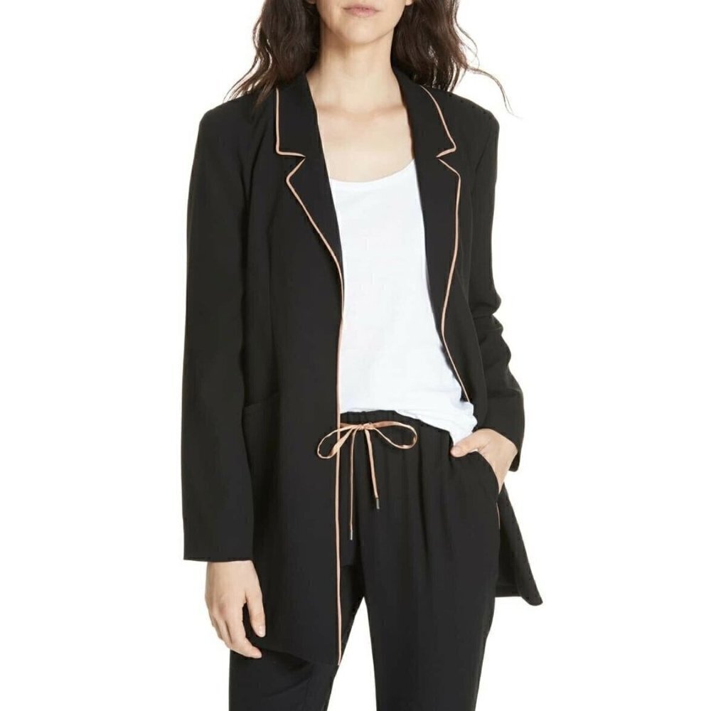 NEW Eileen Fisher Silk Georgette Crepe Long Piped Trim Blazer/Jacket Size:PP/PPT